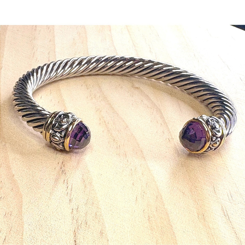 Amethyst Color Silver and Gold Tone Gold Twisted Cable Cuff Bracelet  Two Tone